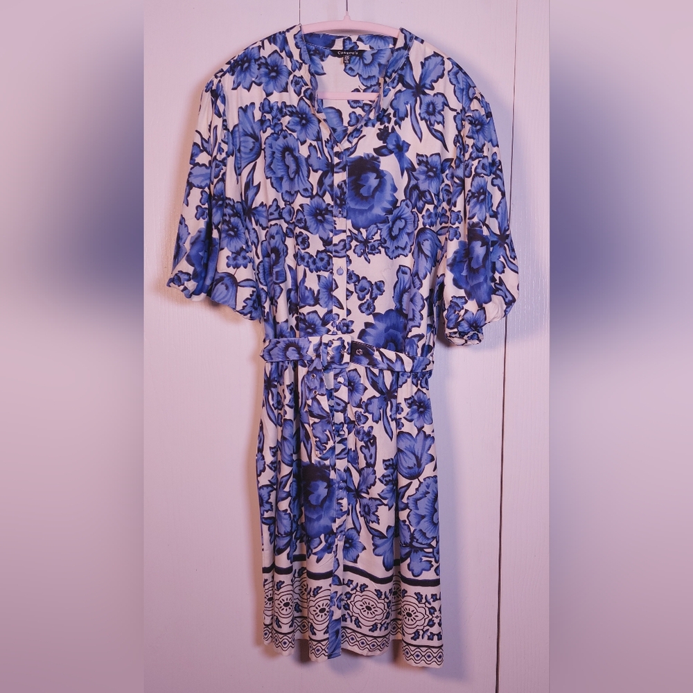 Cassee's Blue Floral Belted Shirt Dress Size 2X Puff Sleeves Office Business
